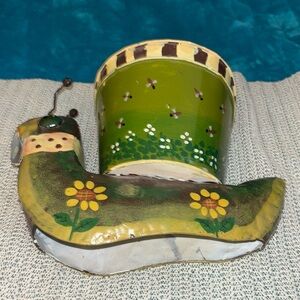 Vintage Metal Hanging Colorful Snail Planter with Floral Design